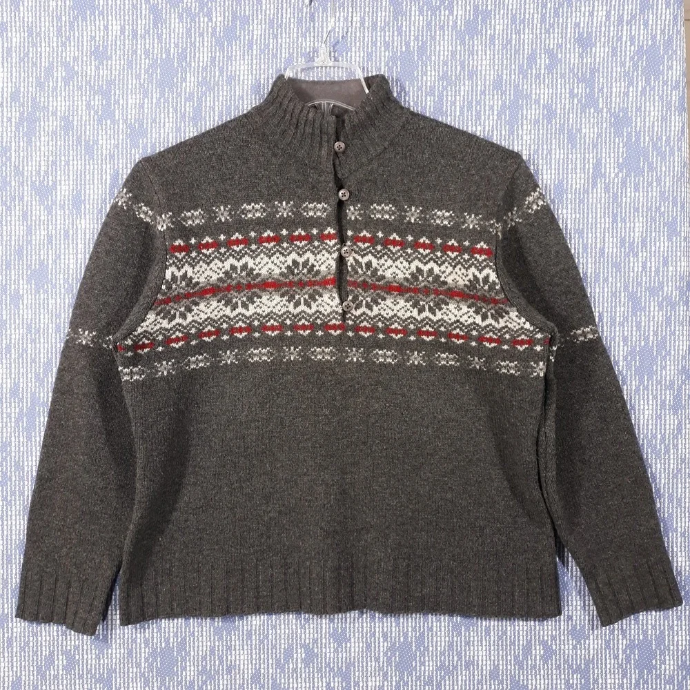Woolrich Wool Sweater Womens XL Onyx Heather Fair Isle Gray Button Up Vintage